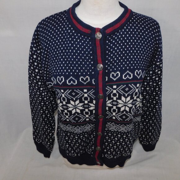 VTG 90s Willow Ridge Womens L Blue White Fair Isle Snowflake  Cardigan Sweater - Picture 2 of 10
